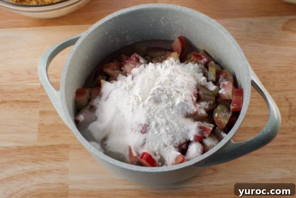No-Bake Rhubarb Delight 6 rhubarb, water, sugar and cornstarch in pot