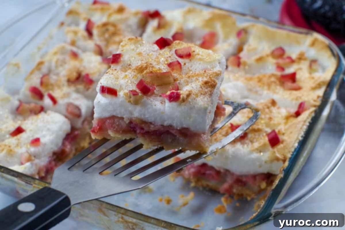 a piece of rhubarb torte being held up over a pan of more rhubarb torte