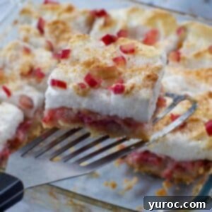 a piece of rhubarb torte being held up over a pan of more rhubarb torte