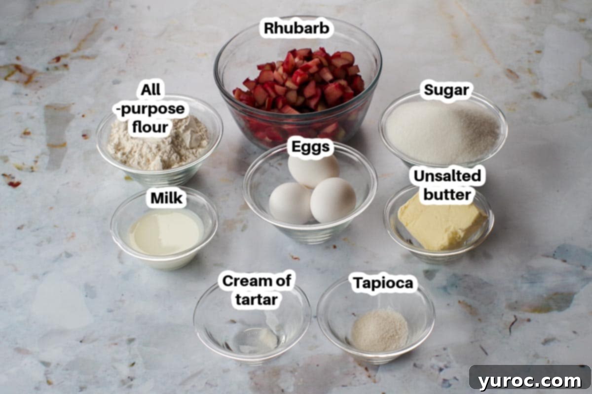 rhubarb meringue torte ingredients in glass dishes, labelled