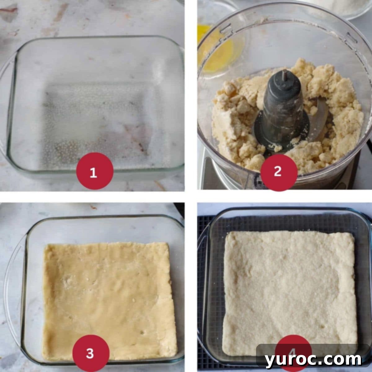 Collage of 4 photos of Rhubarb Meringue Torte Base being made.
