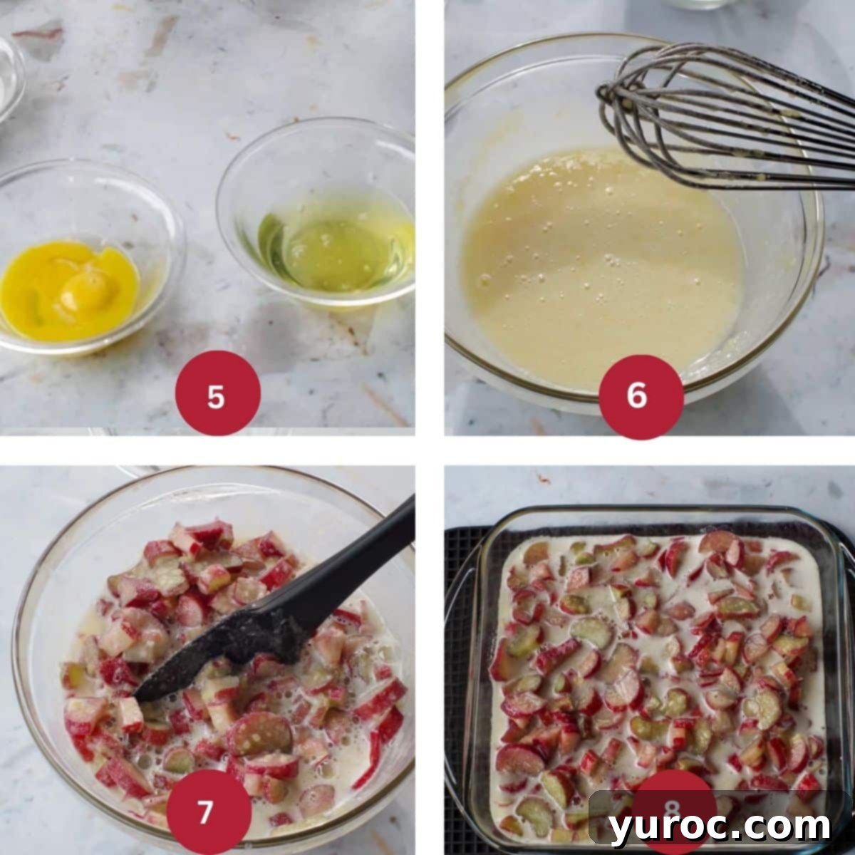 Collage of 4 photos of Rhubarb Torte filling being made.