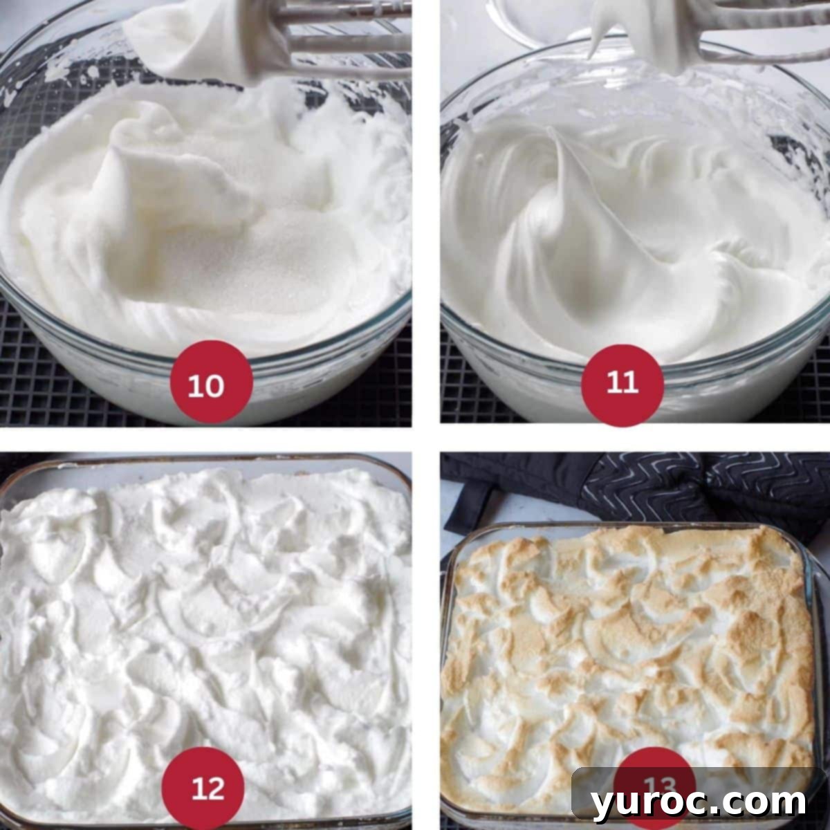 Collage of 4 photos of Rhubarb Torte Meringue topping being made .