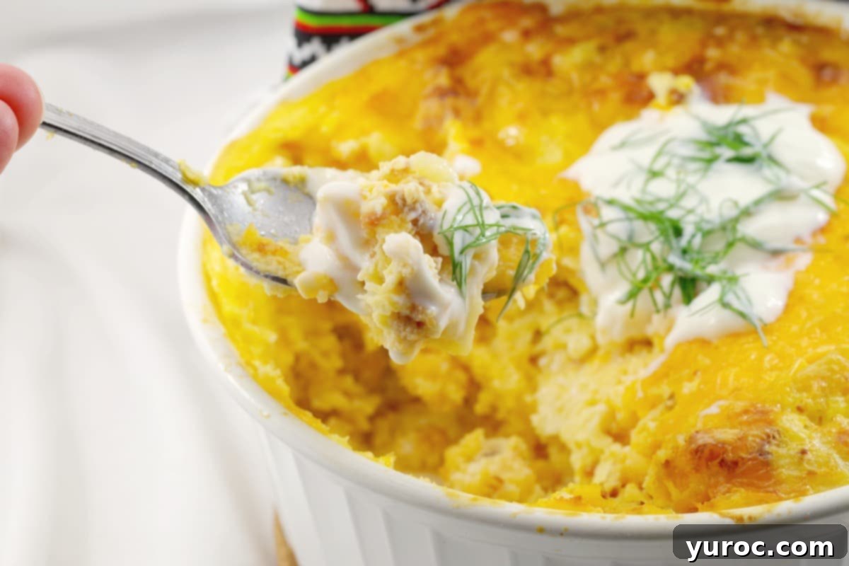 Perogy breakfast casserole with a spoon in it, lifting some casserole out. A golden-brown, bubbly casserole filled with pierogies, eggs, cheese, and bacon, served warm.