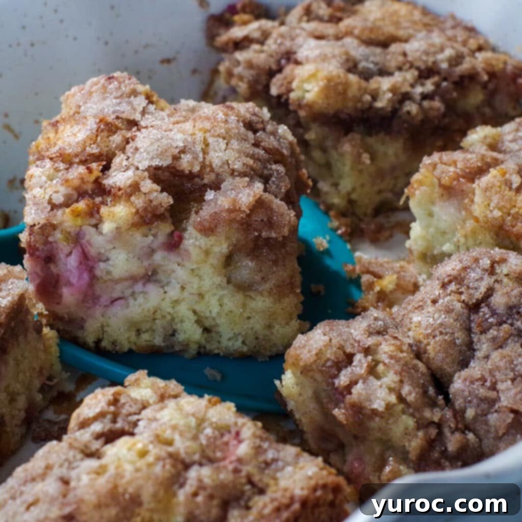 Effortless Rhubarb Lemonade 2 A slice of golden rhubarb coffee cake with a crumble topping being lifted from an off-white baking dish with a blue spatula, showcasing its inviting texture.