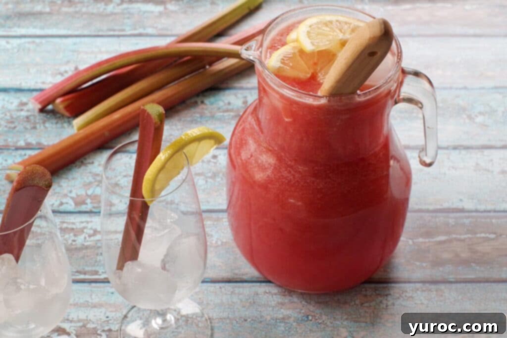 Effortless Rhubarb Lemonade 5 A clear glass jug of blended rhubarb lemonade, garnished with lemon slices, ready to be served, highlighting its smooth texture and appealing color.