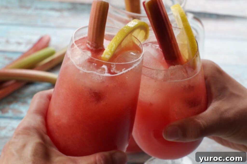 Effortless Rhubarb Lemonade 6 Two glasses of sparkling rhubarb lemonade clinking together, symbolizing a refreshing and celebratory toast on a sunny day.