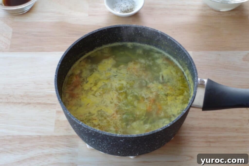 Soup simmering in a pot with vegetables becoming tender.