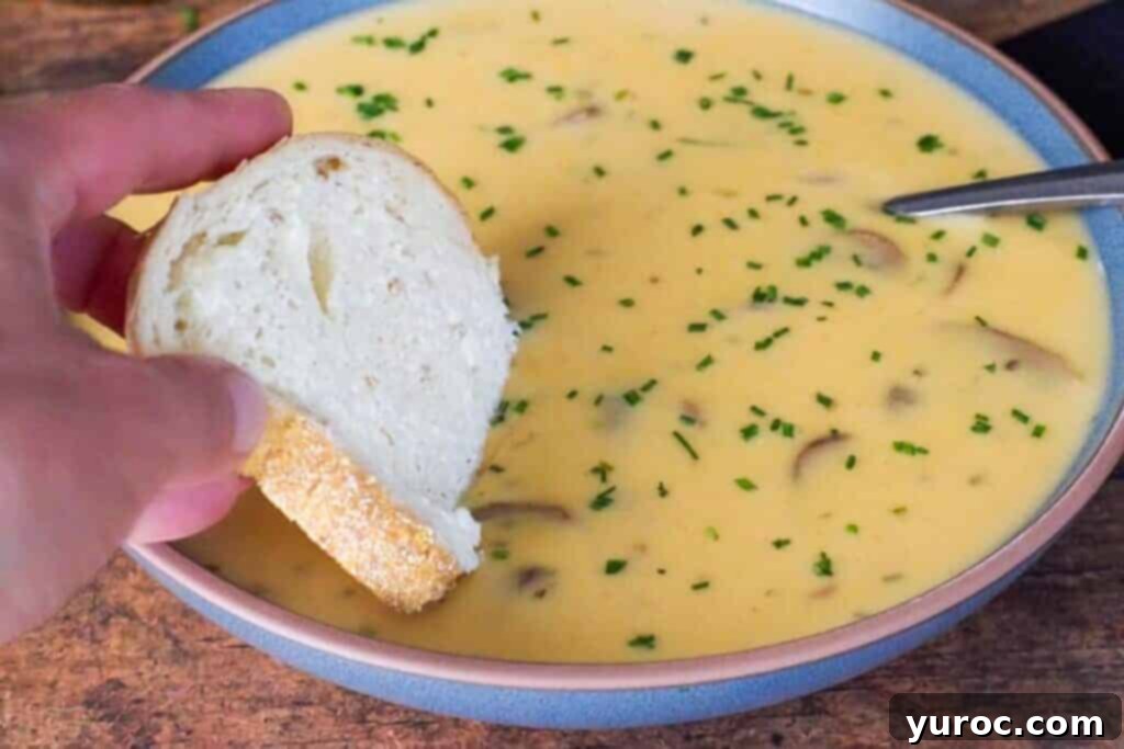 Effortless Beer Cheese Soup 10 A piece of artisanal bread being dipped into a luscious bowl of Beer Cheese Soup, showcasing the rich, creamy texture of the soup and the inviting crust of the bread. The scene emphasizes the comforting and immersive eating experience.