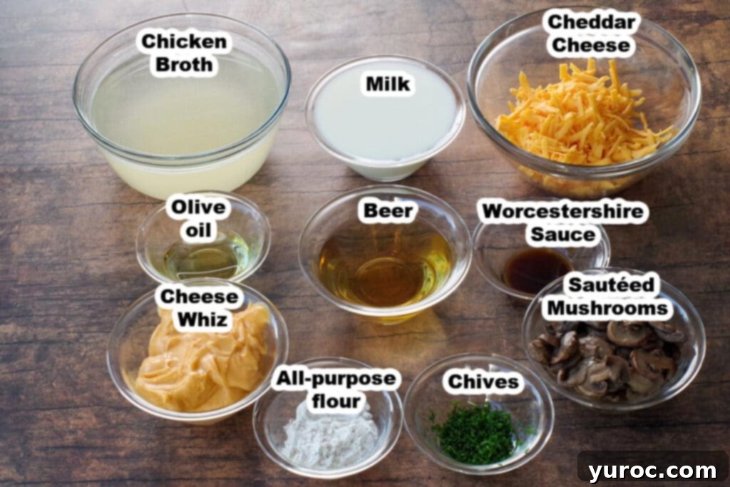 Effortless Beer Cheese Soup 2 Assorted ingredients for beer cheese soup, including liquids, cheeses, and spices, meticulously arranged in clear glass bowls on a rustic brown faux wood surface, highlighting their fresh quality and readiness for preparation.