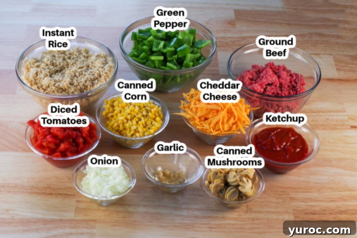 Ingredients in Stuffed Green Pepper Casserole in glass bowls, labelled.
