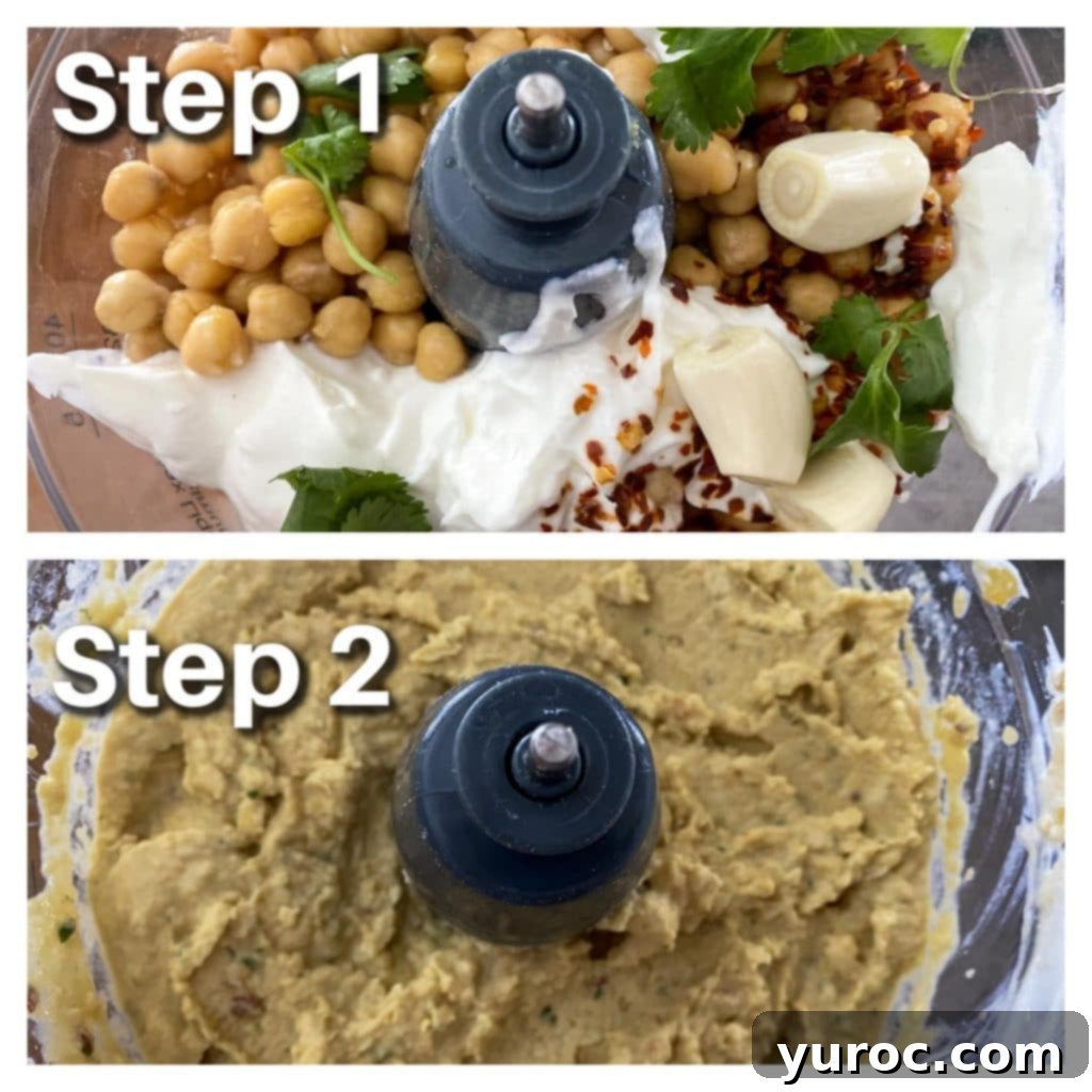 Light Yogurt Hummus 3 A collage of two photos showing the process of making yogurt hummus: one with ingredients in a food processor and another showing the smooth, blended hummus.