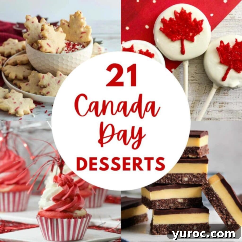 collage of 4 photos of Canada Day desserts with red text on a white circle in the middle