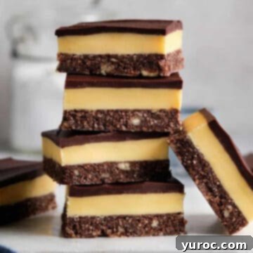 5 Nanaimo bars piled up on a white plate, with one on each side
