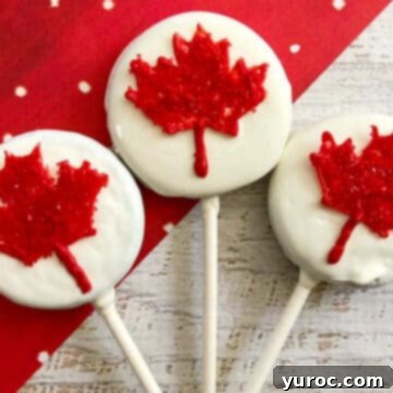 3 Canada Day Oreo pops on a red and white background