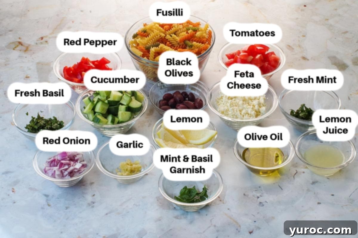 Ingredients in Healthy Greek Pasta Salad (labelled)