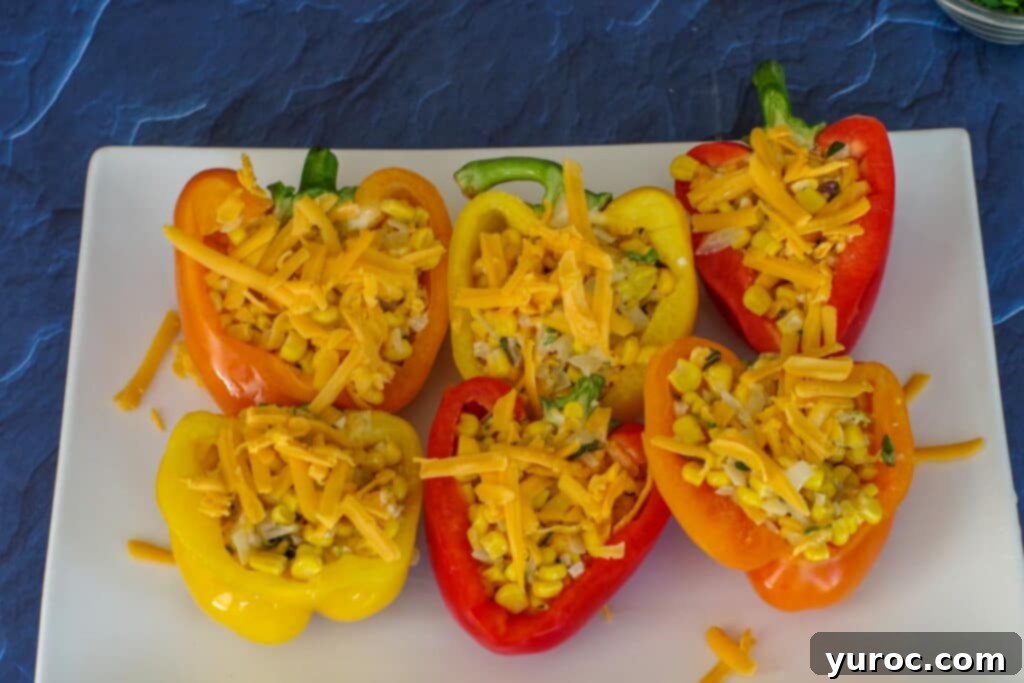 6 pepper halves stuffed with corn mixture on a white platter