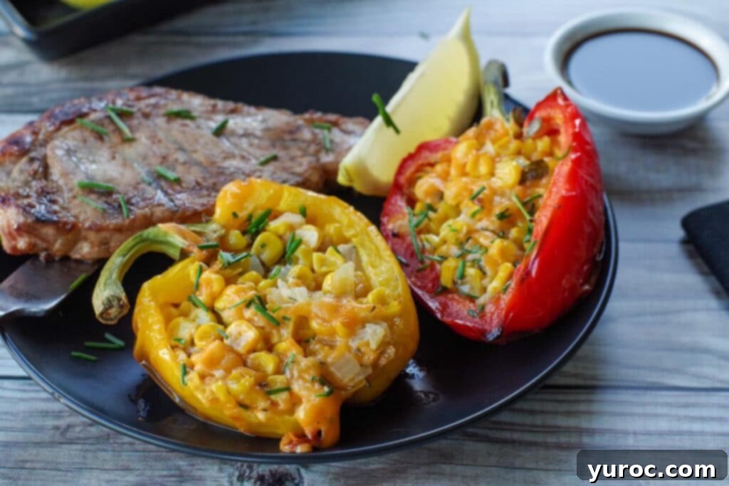 2 stuffed grilled peppers on a black plate with a piece of grilled pork and lemon wedge