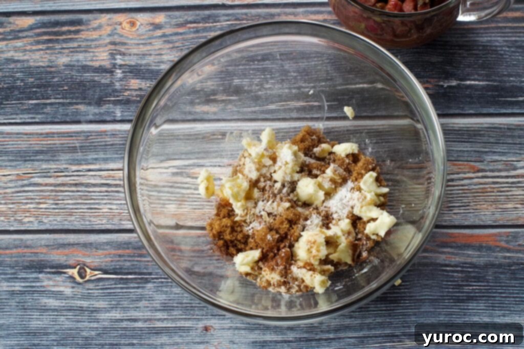Topping ingredients, including all-purpose flour, quick oats, brown sugar, white granulated sugar, and ground cinnamon, prepared in a glass bowl, ready for the butter to be cut in.