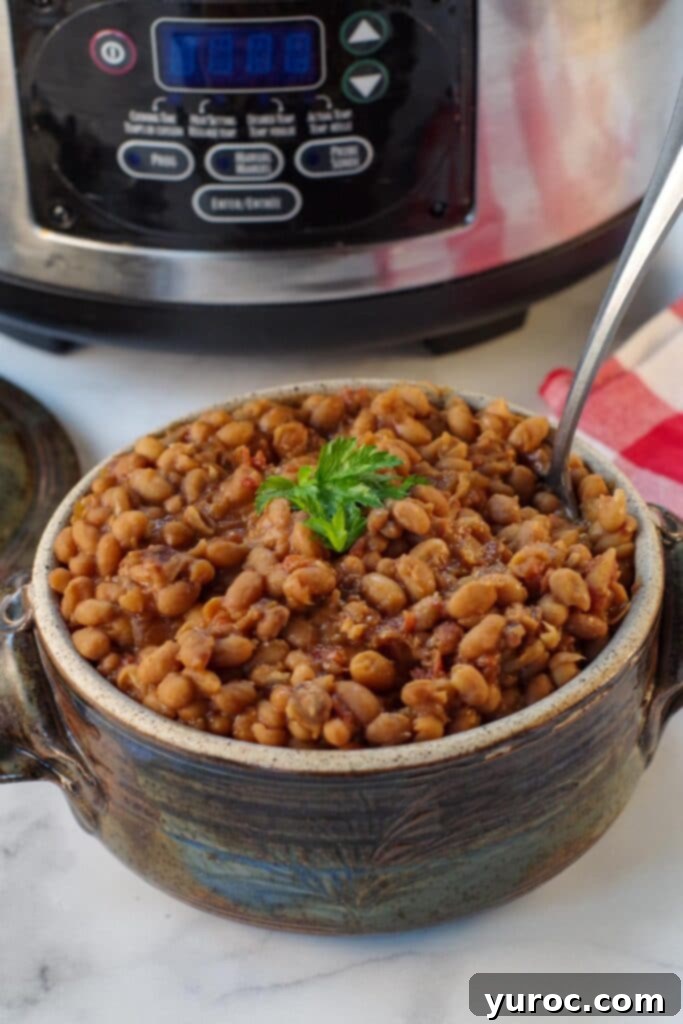 slow cooker baked beans in pottery with slow cooker in background