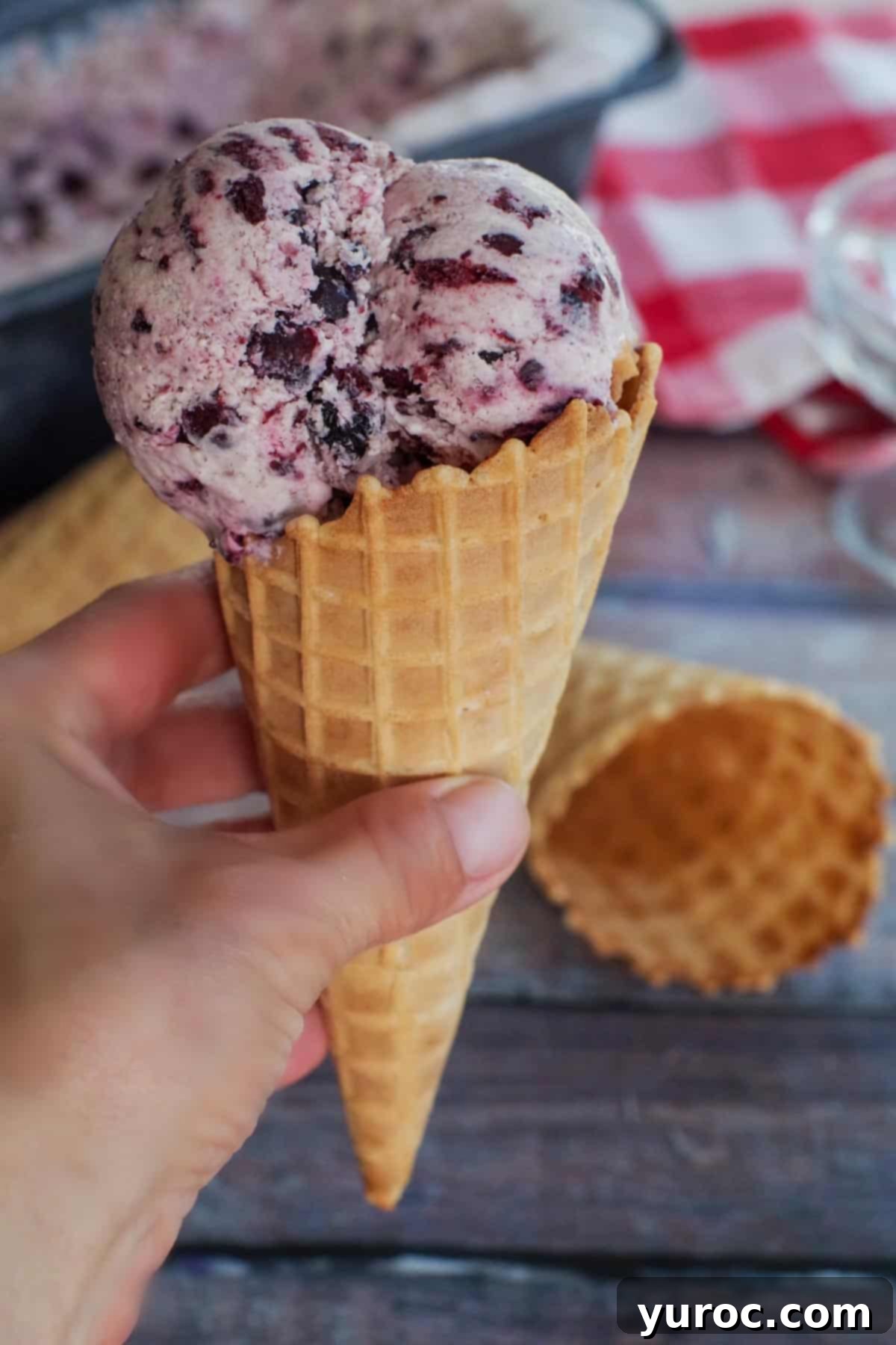 hand holding Saskatoon Berry ice cream in a waffle cone, a perfect summer treat