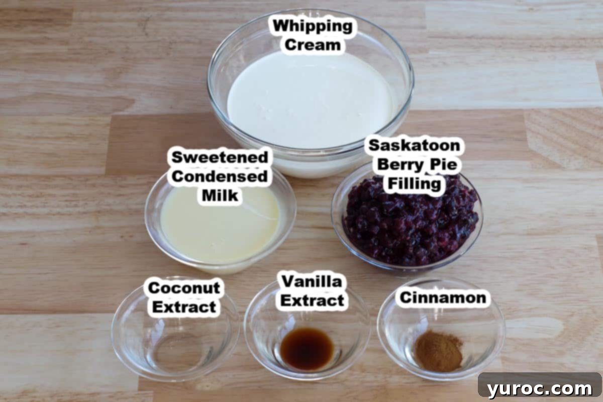 Ingredients for Saskatoon Berry ice cream in glass bowls, labelled: whipping cream, condensed milk, extracts, and saskatoon berry filling
