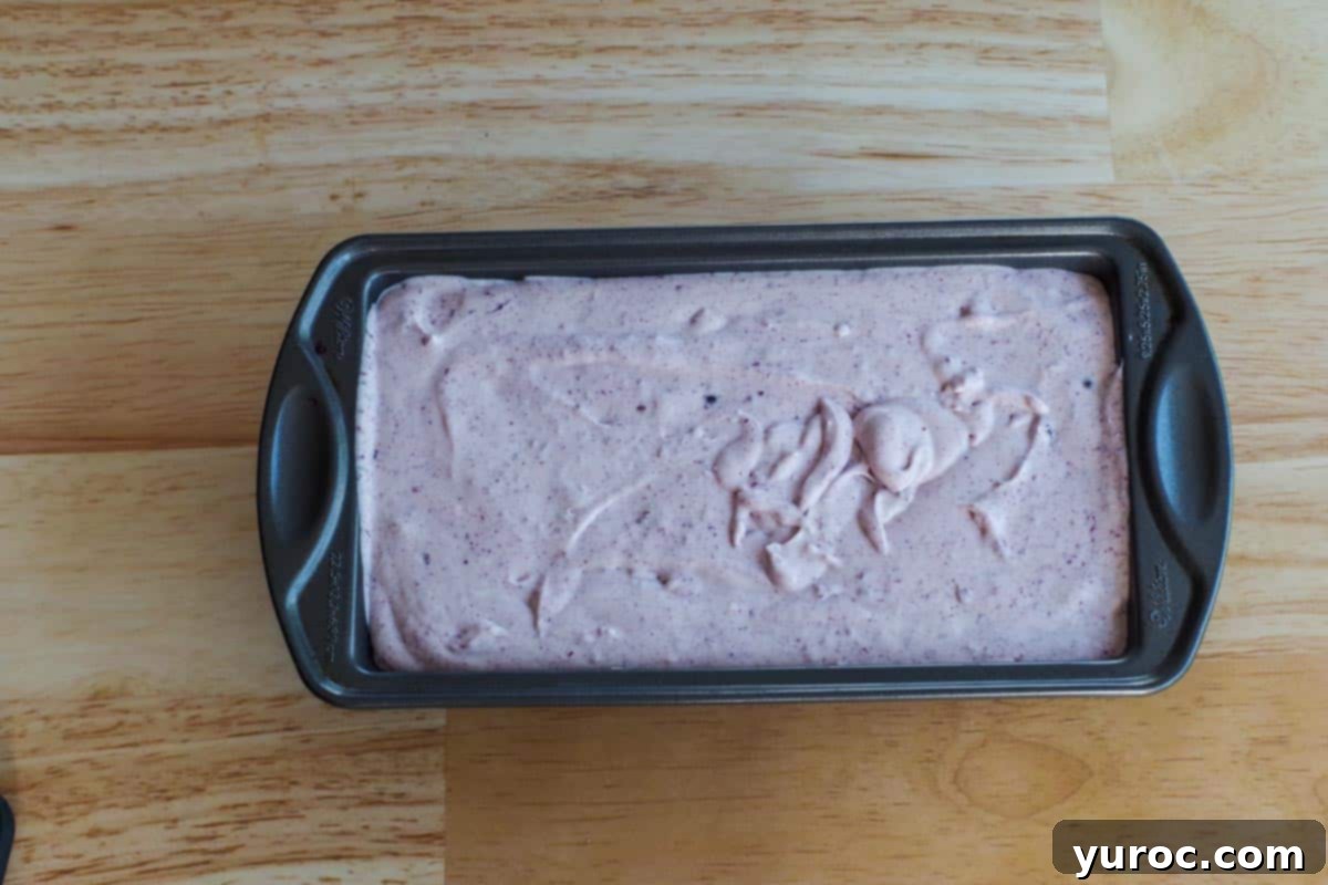 ice cream mixture in loaf pan, ready for freezing