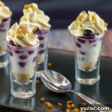 15 Easy No Bake Potluck Desserts 10 saskatoon berry dessert shooters on a black tray with a spoon