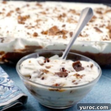 15 Easy No Bake Potluck Desserts 4 Bowl of Skor Bar Dessert in front and pan of Skor Bar dessert in background