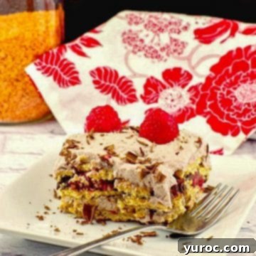 15 Easy No Bake Potluck Desserts 11 a piece of lentil dessert lasagna on a white plate with jar of red lentils and red and white tea towel in the background
