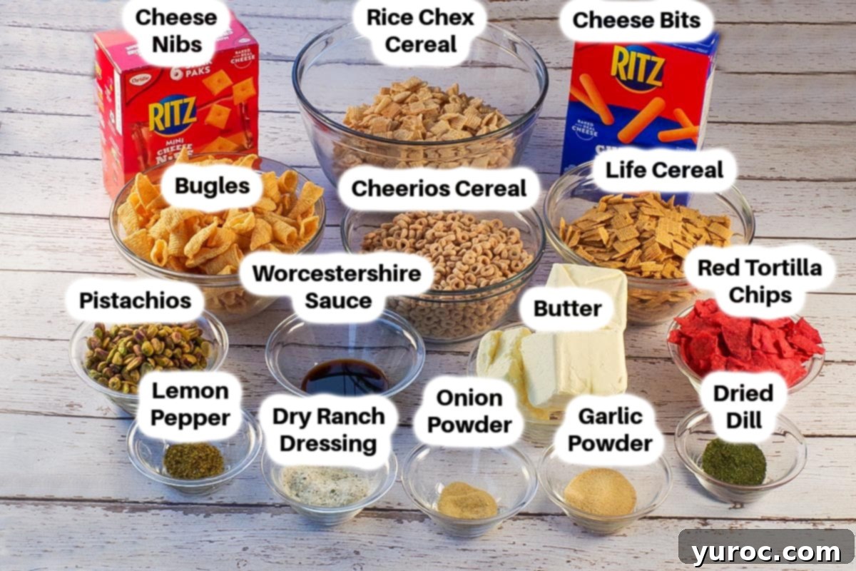 Ingredients for Savory Christmas Snack Mix laid out in glass bowls, including cereals, crackers, nuts, and seasoning, with pretzels missing