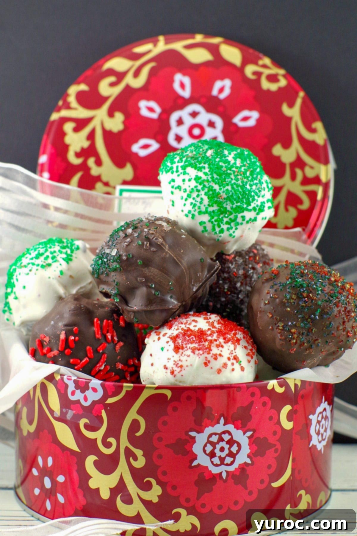 Christmas tin full of red velvet brownie balls