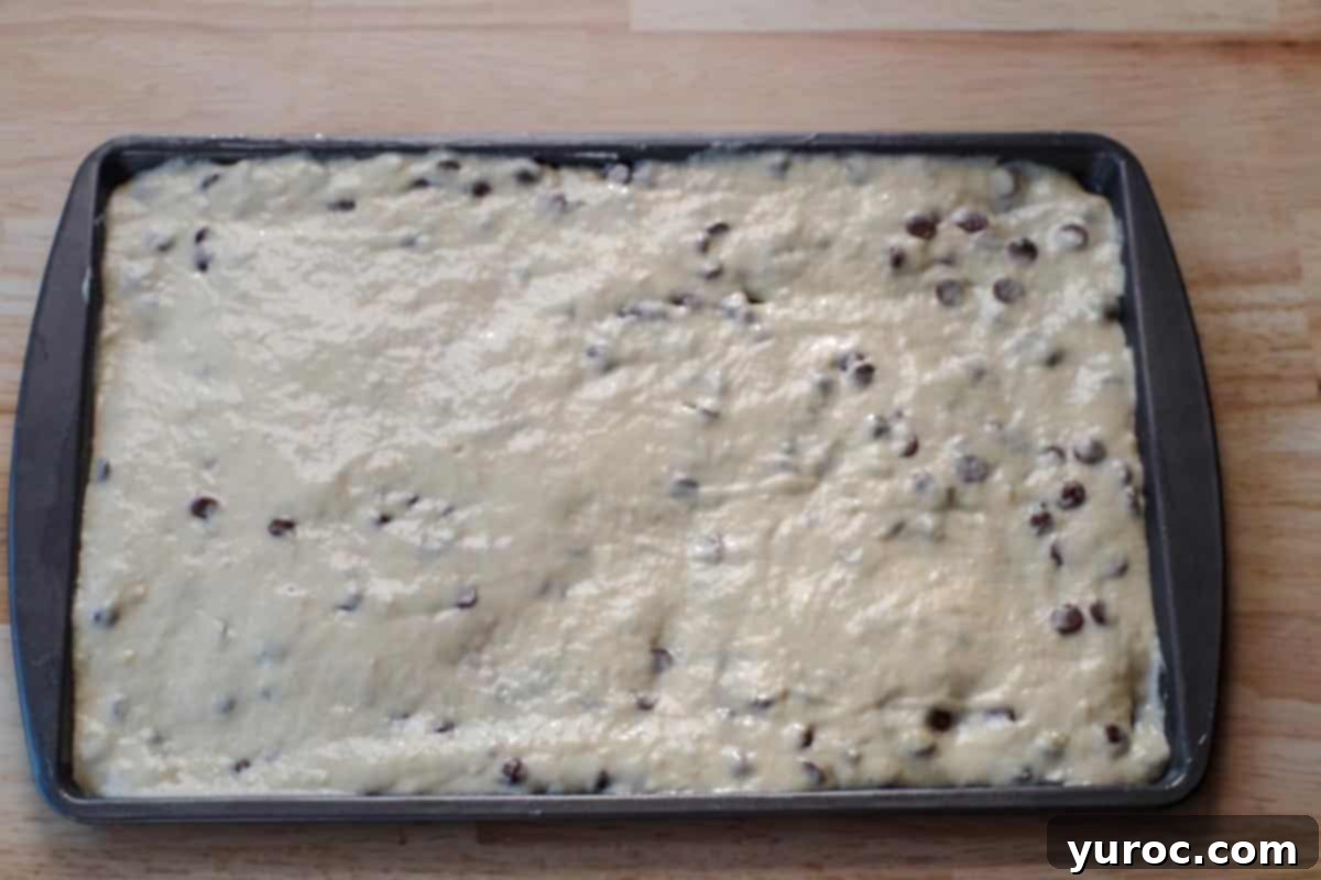 Effortless Sheet Pan Chocolate Chip Pancakes 8 batter spread onto prepared pan