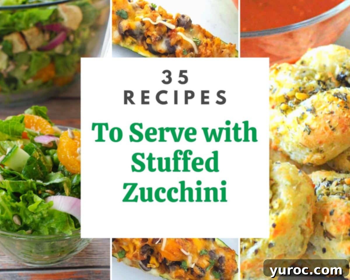 collage of 3 photos of what to serve with stuffed zucchini with text on white background in middle