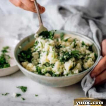 lemony herbed millet in a white bowl with fork in it
