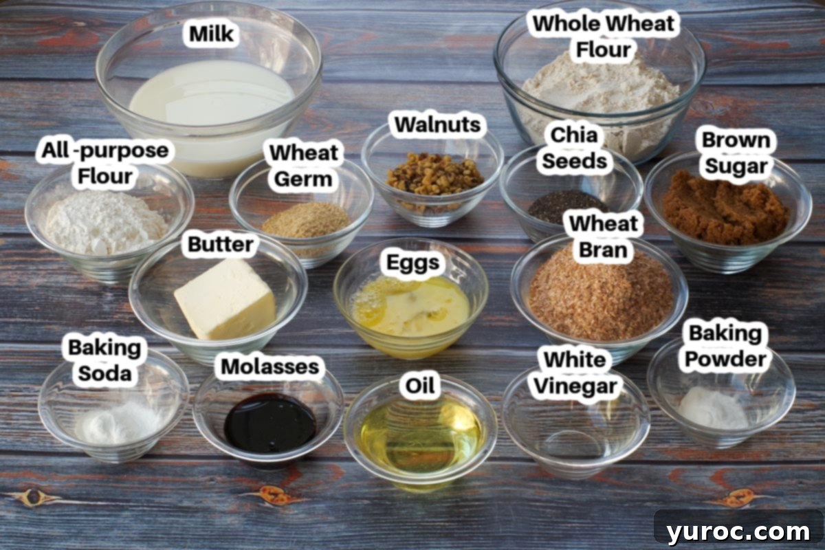 Old Fashioned Wheat Bran muffin ingredients in glass bowls, labelled.