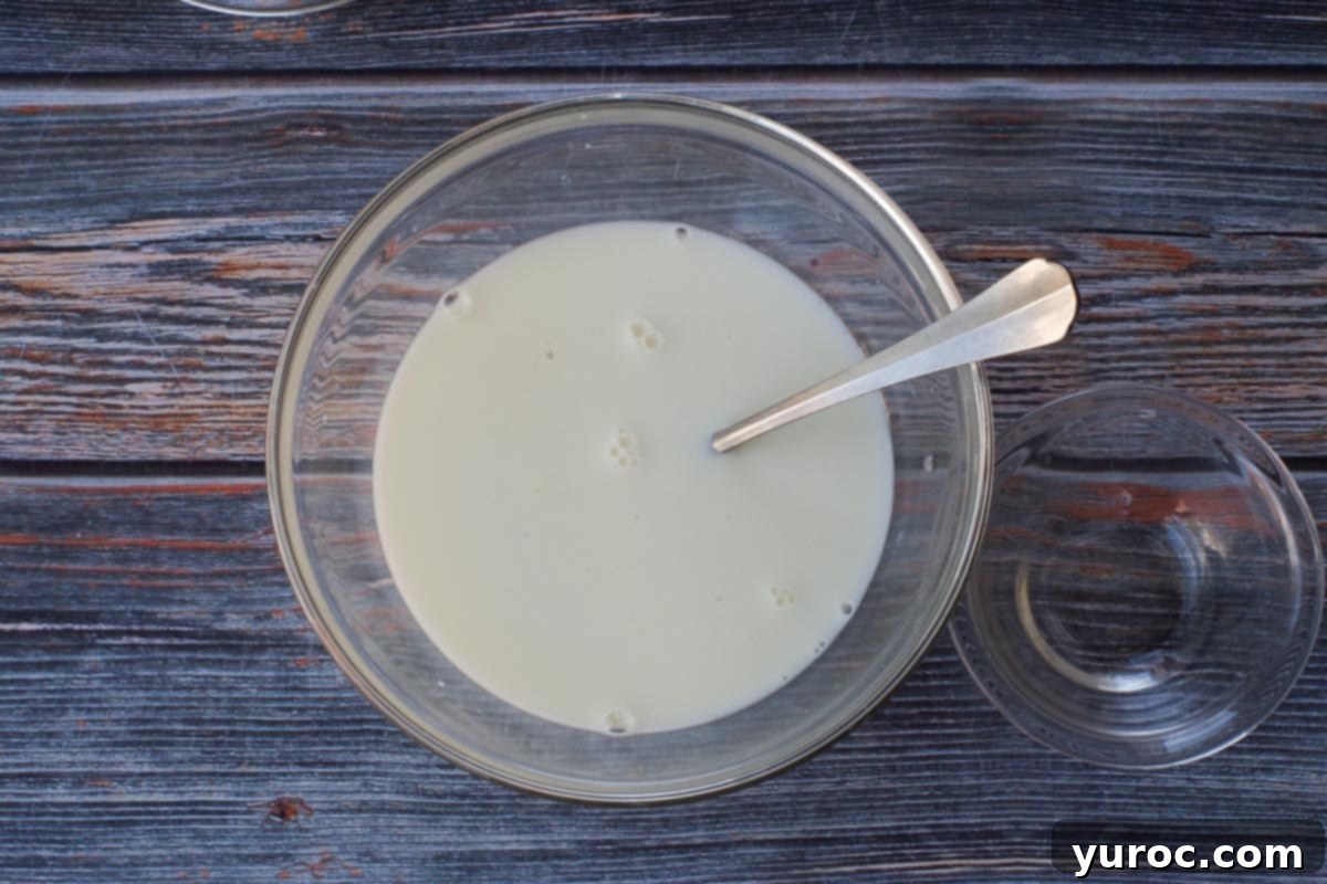 Vinegar added to milk in a small glass bowl with a spoon.