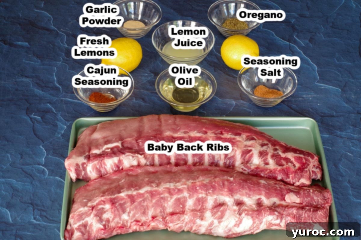raw ribs on cookie sheet with rest of ingredients in labelled jars in background