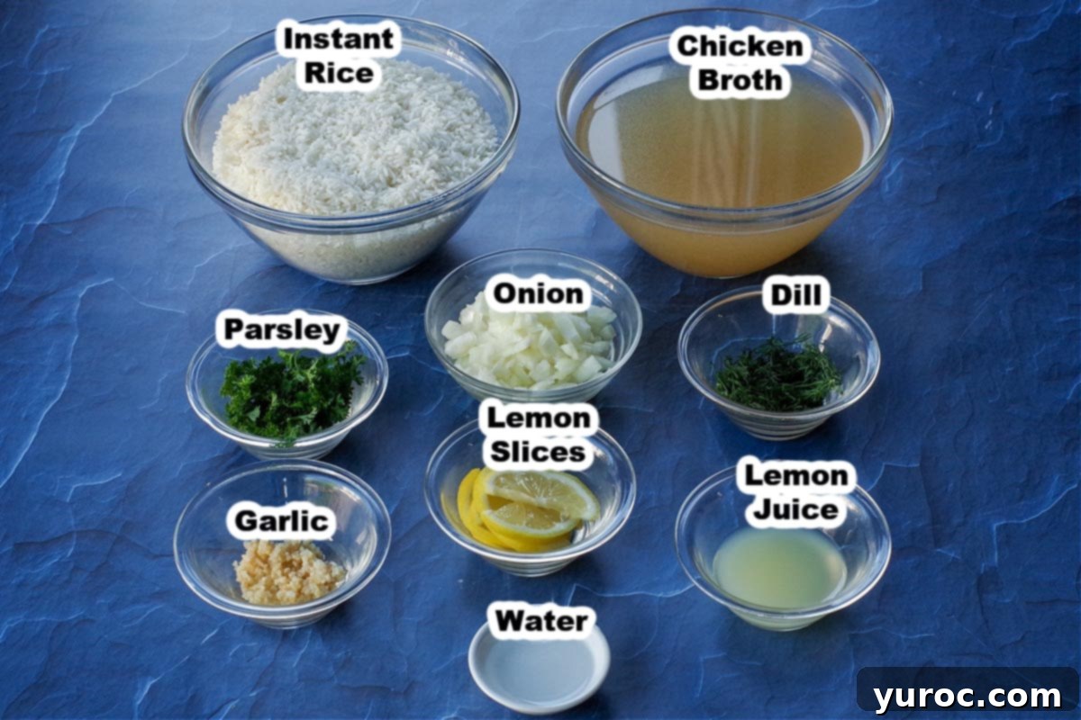 ingredients for Greek rice, labelled in glass bowls