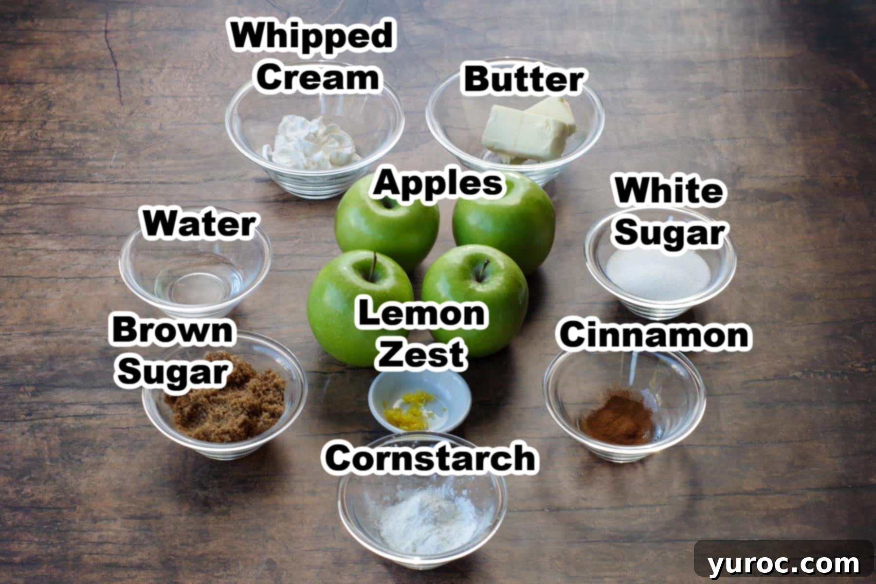 ingredients for stovetop apple pie filling in glass bowls, labelled, on brown wood surface