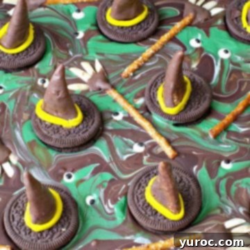 melting witches Halloween Chocolate Bark- edible witch hats and brooms on melted witch puddles