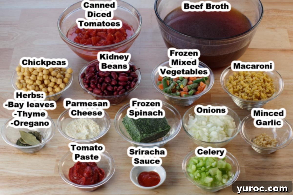 Wholesome Minestrone Made Easy 2 Arrangement of fresh and pantry ingredients for minestrone soup: broth, diced tomatoes, various beans, pasta, herbs, and vegetables, all laid out on a rustic wooden surface with labels.