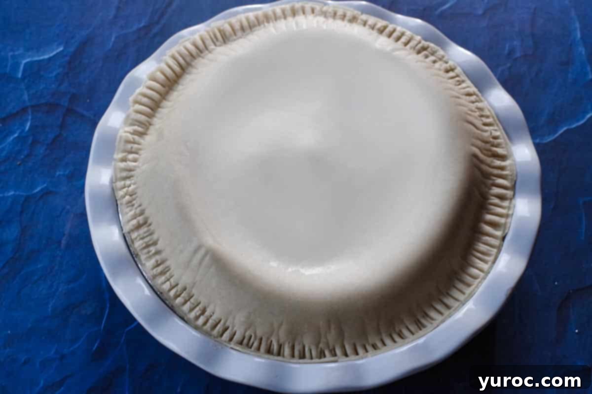 Pie in larger, sturdy pie pan for baking