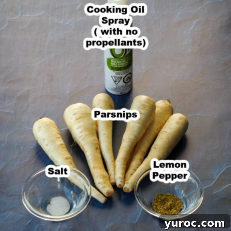 A selection of ingredients for air fryer parsnip fries, including parsnips, lemon pepper, salt, and avocado oil spray, neatly labelled on a blue granite surface.