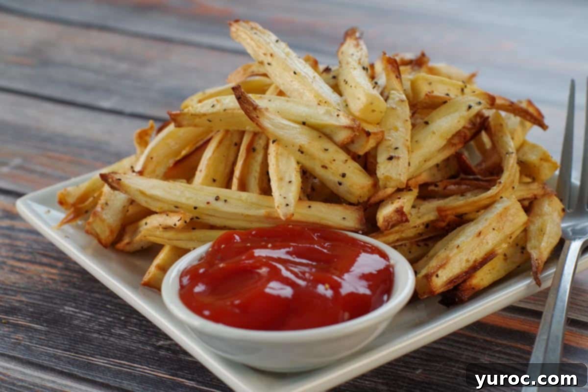 Perfectly air-fried parsnip fries served alongside a small white bowl of ketchup on a clean white plate.