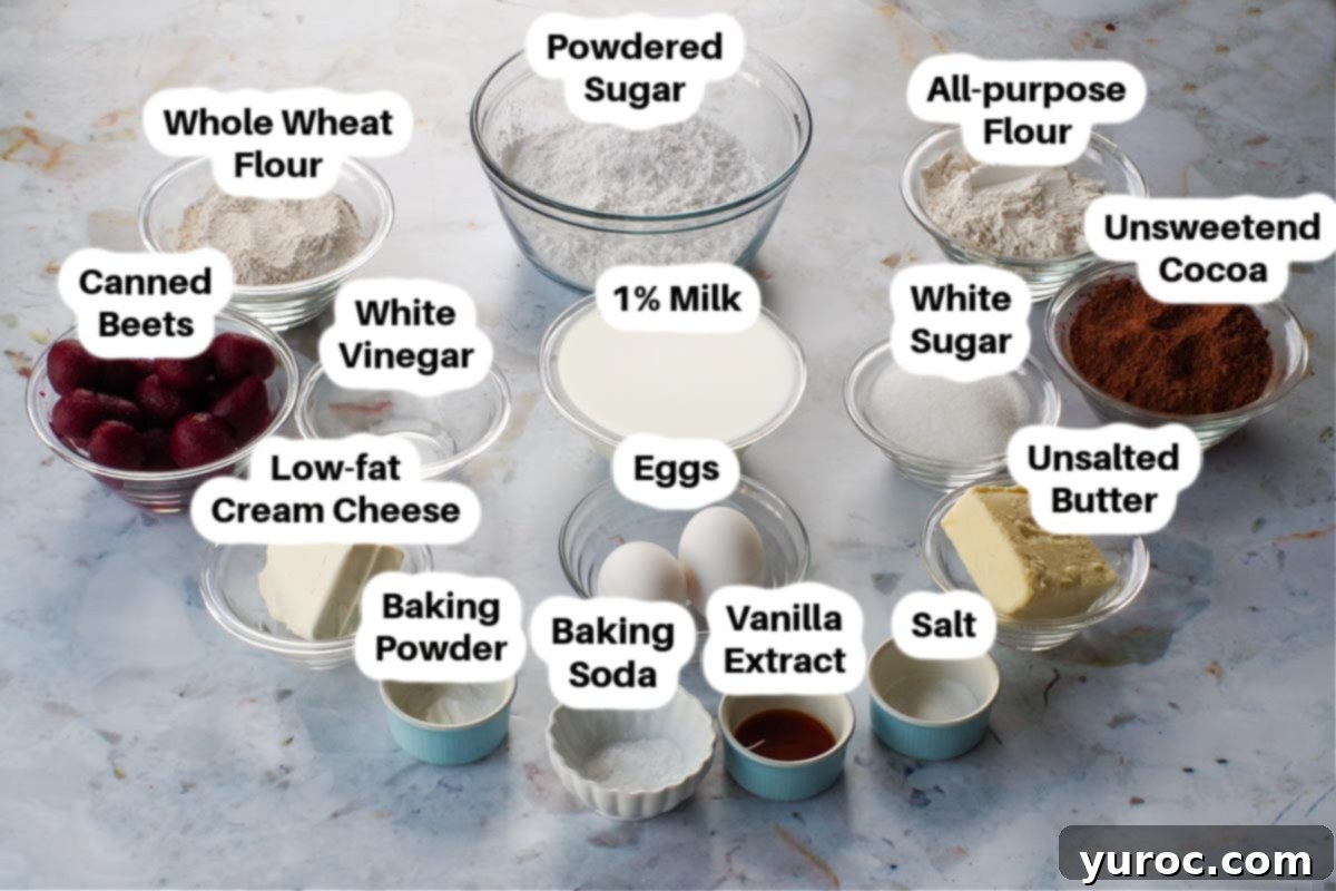 Healthy Red Velvet Pancakes with Luscious Chocolate Cream Cheese Butter 4 Individual bowls containing ingredients for healthy red velvet pancakes, clearly labelled.