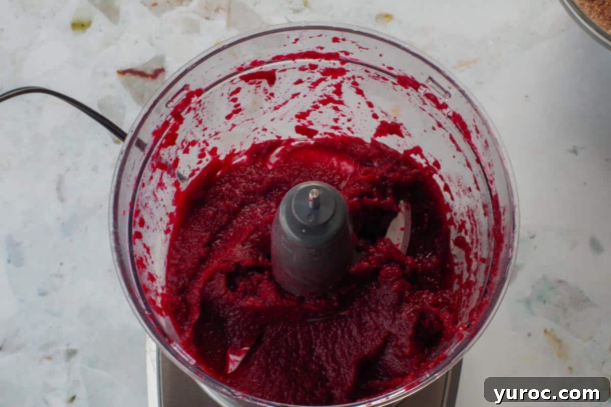 Healthy Red Velvet Pancakes with Luscious Chocolate Cream Cheese Butter 7 Drained canned beets pureed in a food processor bowl.
