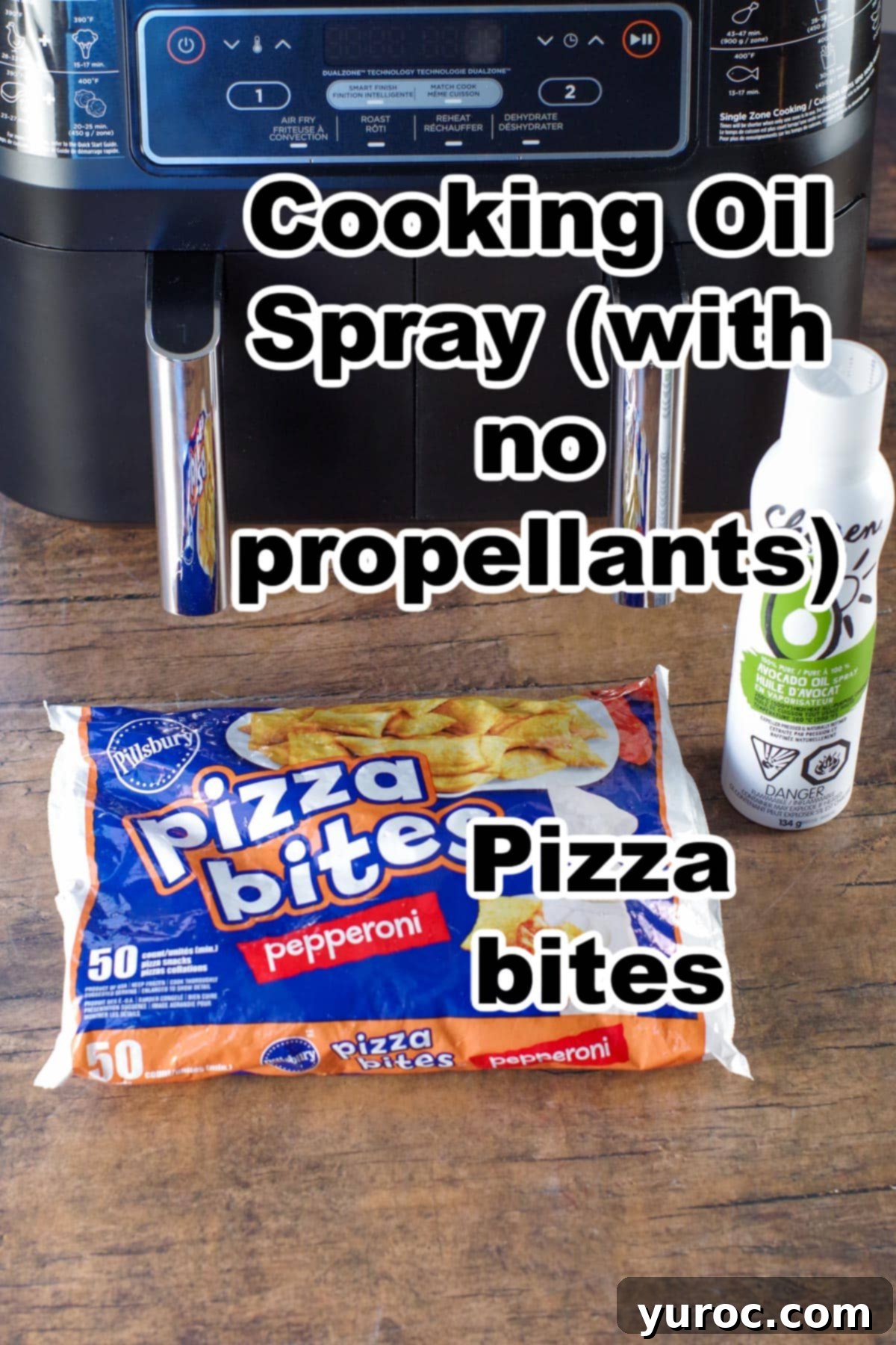 Ingredients for Air Fryer Pizza Bites, including a bag of frozen pizza rolls and a bottle of spray oil, displayed in front of an air fryer.