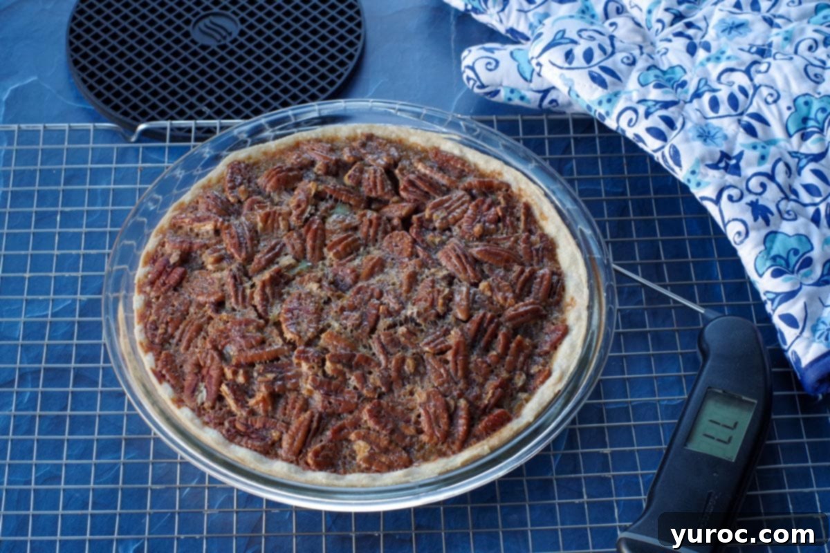 baked pecan pie on a cooling rack with black instant read thermometer beside it and black trivet and blue patterned oven mitt in the background