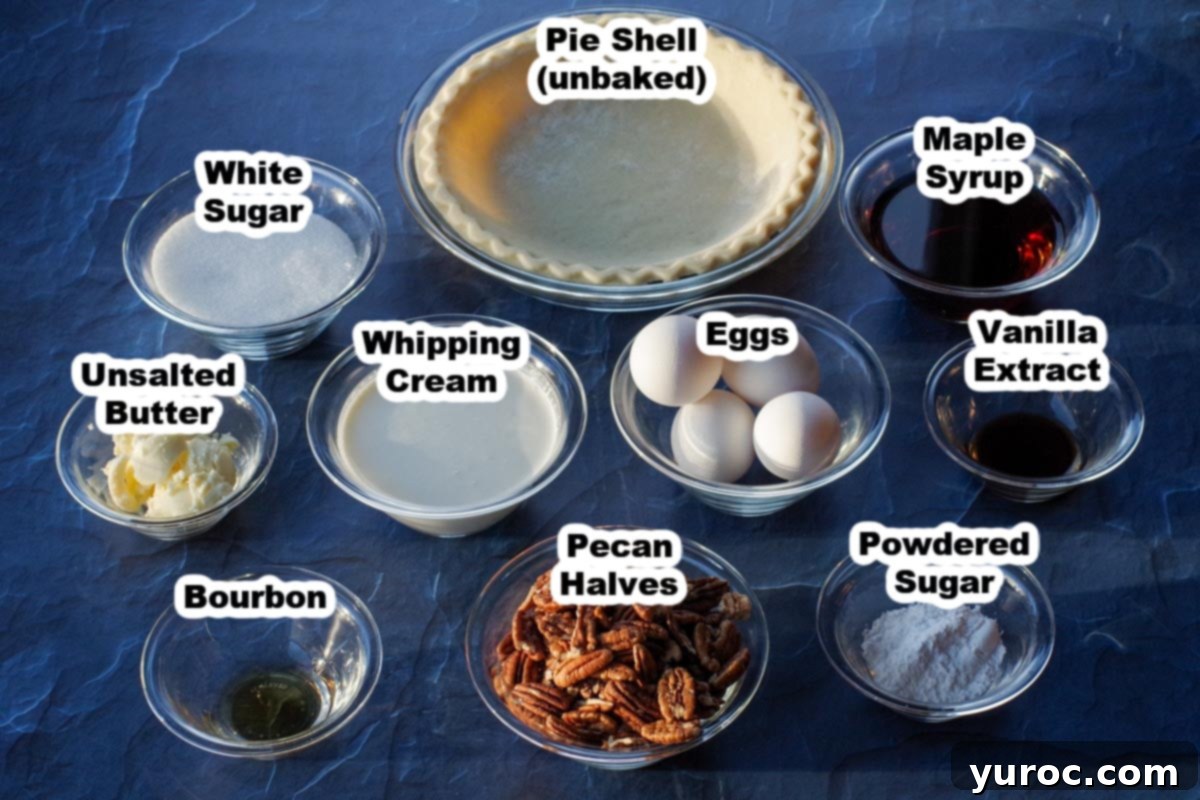 pecan pie ingredients in glass dishes, on blue surface, labelled